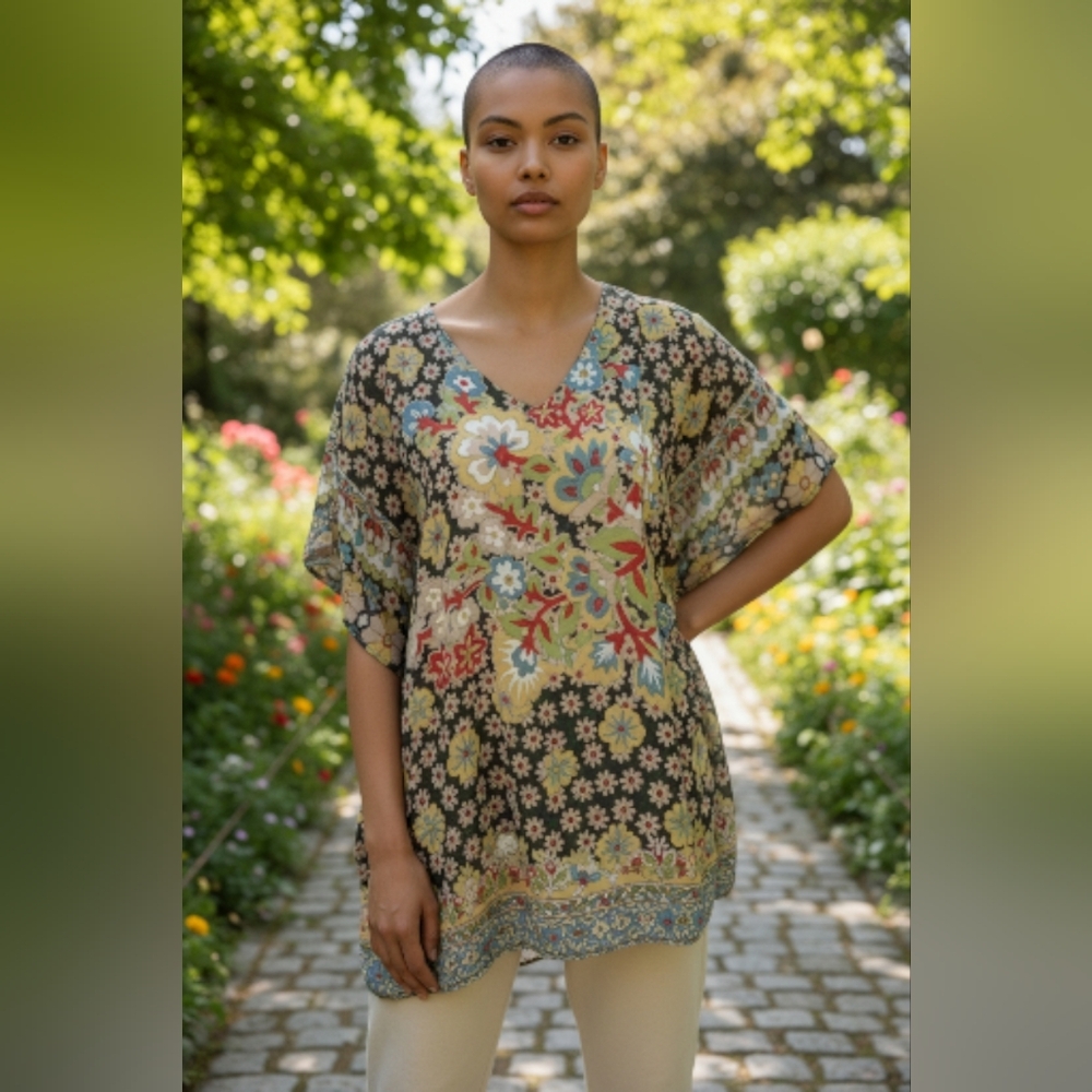 Tolani Multicolor Floral V-Neck Blouse pure silk